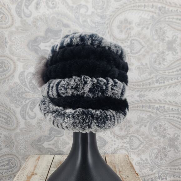 Russian Winter Rex Rabbit fur brimmed peaked hat black/gray Mob Wife Luxury - Picture 3 of 8